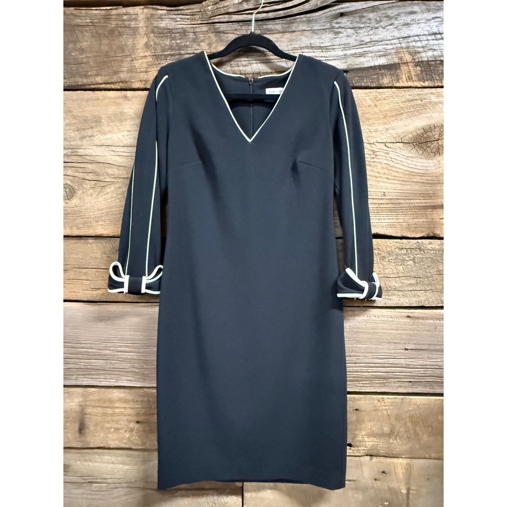 Calvin Klein Black V-Neck Sheath Dress with White Piping and Bow Cuffs Size 6